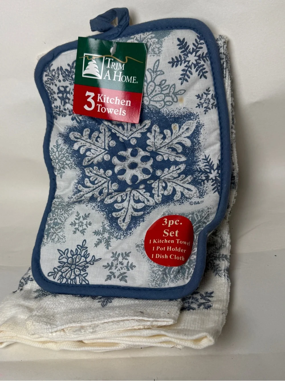 Trim A Home Vintage Blue Snowflake Christmas Kitchen Towel Pot Holder Set NWT